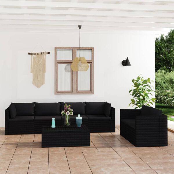 vidaXL Set muebles de jard&iacute;n 7 piezas y cojines rat&aacute;n sint&eacute;tico negro
