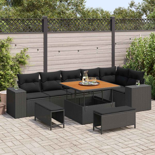 vidaXL Conjunto de sof&aacute; de jard&iacute;n 9 pcs Negro rat&aacute;n sint&eacute;tico