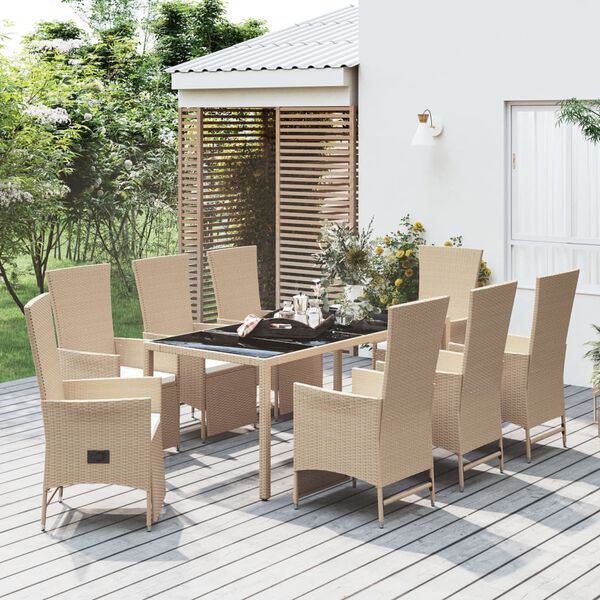 vidaXL Set comedor de jard&iacute;n 9 pzas con cojines rat&aacute;n sint&eacute;tico beige
