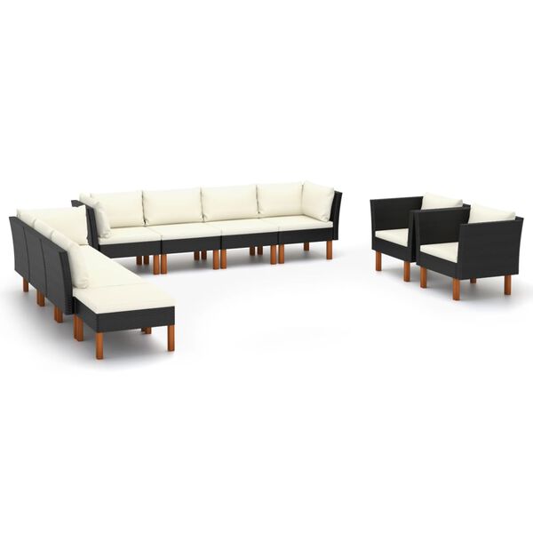 vidaXL Set muebles de jard&iacute;n 10 pzas rat&aacute;n sint&eacute;tico eucalipto negro