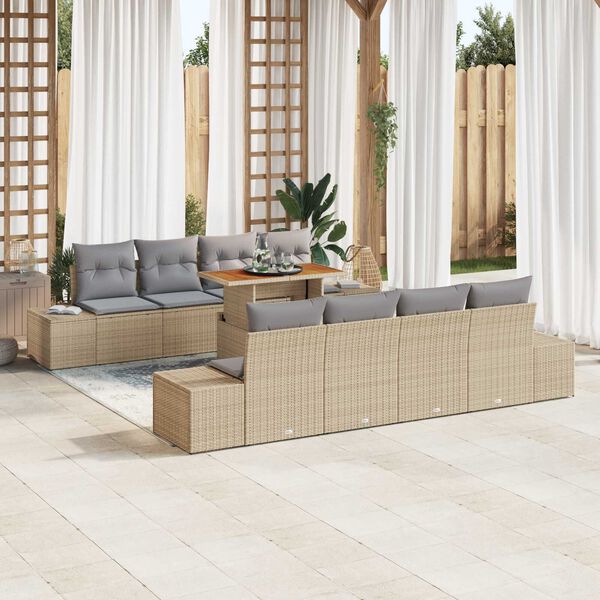 vidaXL Conjunto de sof&aacute; de jard&iacute;n 9 pcs Beige Polirat&aacute;n