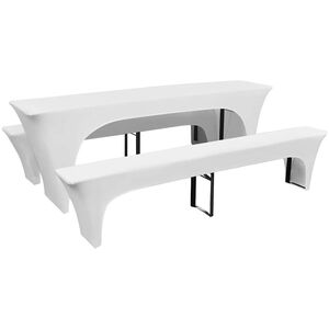 3 fundas blancas estirables para mesa y 2 bancos 220x50x80 cm