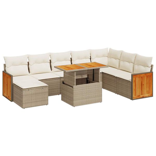 vidaXL Set sof&aacute;s jard&iacute;n y cojines 9 pzas rat&aacute;n sint&eacute;tico acacia beige