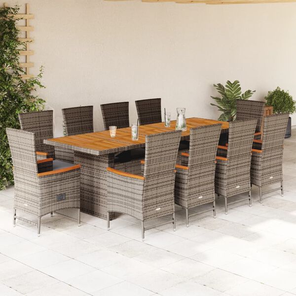 vidaXL Set de comedor de jard&iacute;n 11 pzas y cojines rat&aacute;n sint&eacute;tico gris