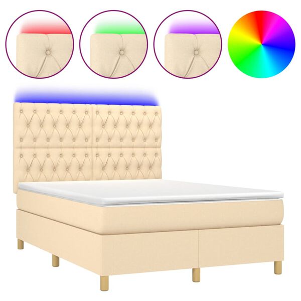 vidaXL Cama box spring colch&oacute;n y luces LED tela crema 140x200 cm