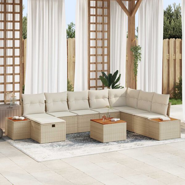 vidaXL Conjunto de sof&aacute;s de jard&iacute;n 9 pcs Beige rat&aacute;n sint&eacute;tico