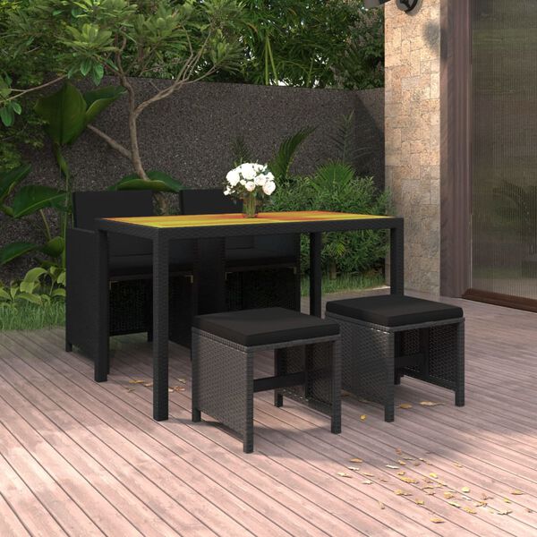 vidaXL Set comedor de jard&iacute;n 5 pzas con cojines rat&aacute;n sint&eacute;tico negro