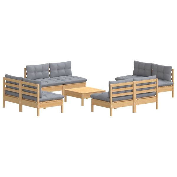 vidaXL Juego de muebles de jardín 9 pzas y cojines madera pino gris
