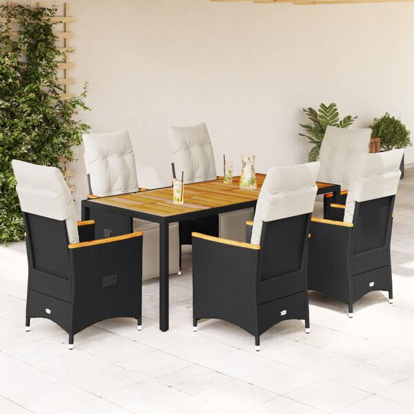 vidaXL Set de mesa y sillas de jard&iacute;n 7 pzas y cojines rat&aacute;n PE negro