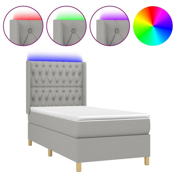 vidaXL Cama box spring colch&oacute;n y luces LED tela gris claro 90x200 cm