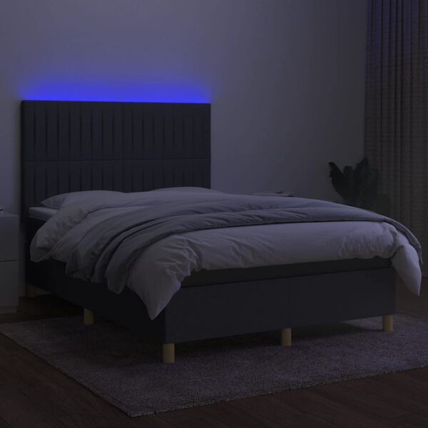 vidaXL Cama box spring colch&oacute;n y luces LED tela gris oscuro 140x190 cm