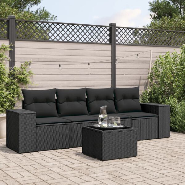 vidaXL Set de muebles de jard&iacute;n 5 pzas y cojines rat&aacute;n sint&eacute;tico negro