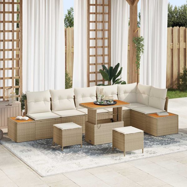 vidaXL Conjunto de sof&aacute;s de jard&iacute;n 9 pcs Beige rat&aacute;n sint&eacute;tico