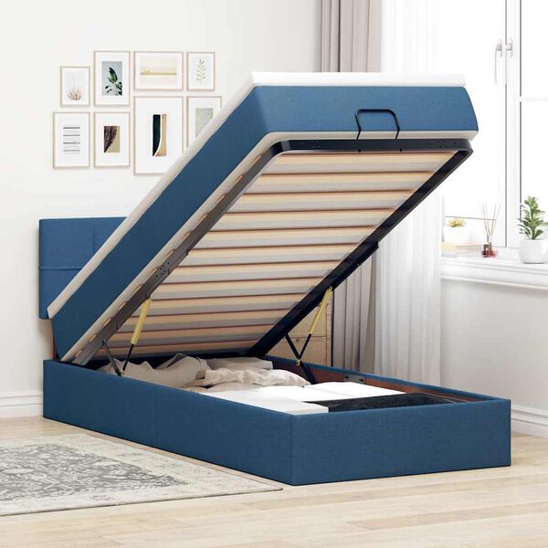 vidaXL Estructura de cama otomana con colch&oacute;n tela azul 90x190 cm