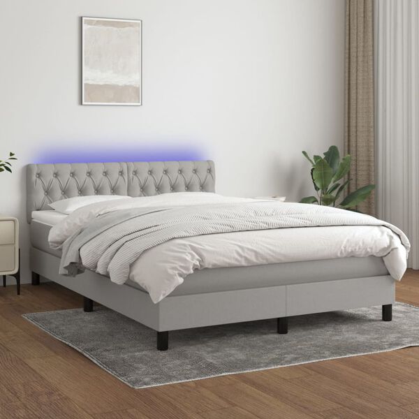 vidaXL Cama box spring colch&oacute;n y luces LED tela gris claro 140x200 cm
