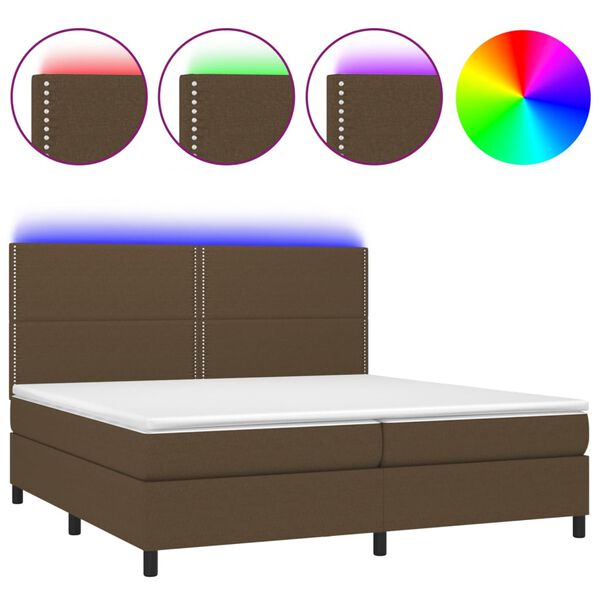 vidaXL Cama box spring colch&oacute;n luces LED tela marr&oacute;n oscuro 200x200 cm