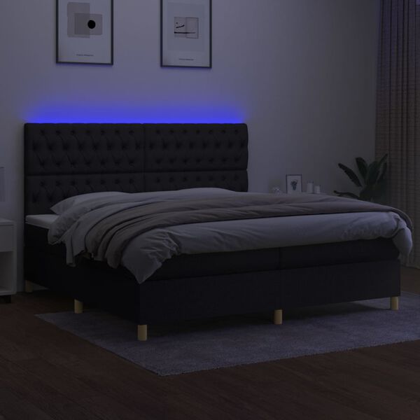 vidaXL Cama box spring colch&oacute;n y luces LED tela negro 200x200 cm