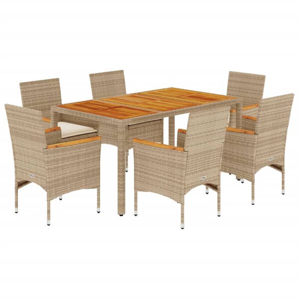 vidaXL Set de comedor jard&iacute;n 7 pzas con cojines rat&aacute;n PE acacia beige