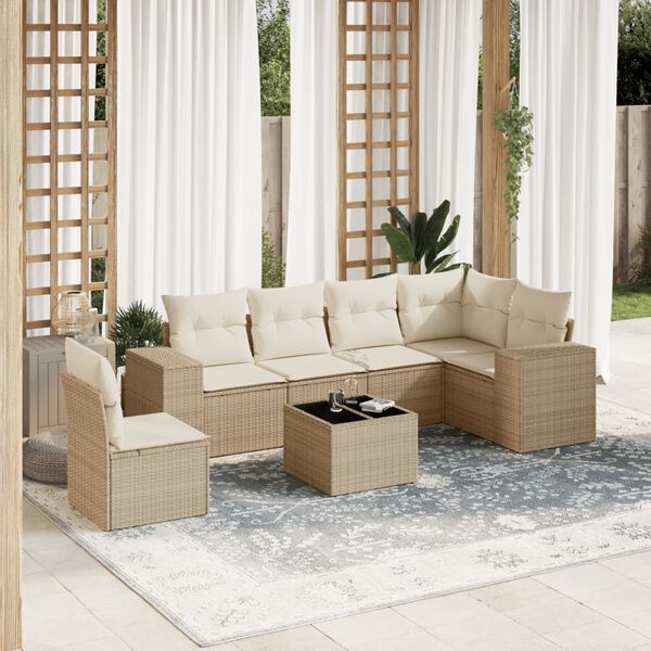 vidaXL Set sof&aacute;s de jard&iacute;n 7 piezas y cojines rat&aacute;n sint&eacute;tico beige