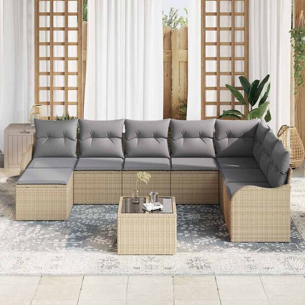 vidaXL Conjunto de sof&aacute; de jard&iacute;n 9 pcs beige y gris claro Polirat&aacute;n