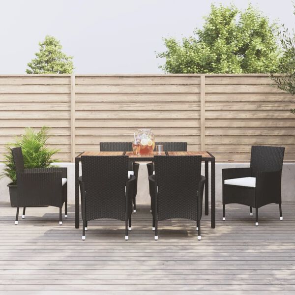 vidaXL Set de comedor de jard&iacute;n 7 pzas y cojines rat&aacute;n sint&eacute;tico negro