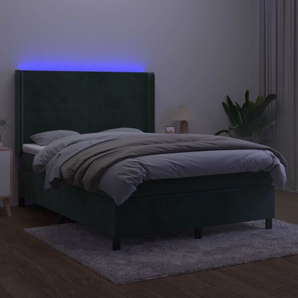 vidaXL Cama box spring colch&oacute;n y LED terciopelo verde oscuro 140x200cm