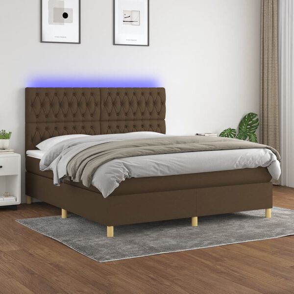 vidaXL Cama box spring colch&oacute;n luces LED tela marr&oacute;n oscuro 180x200cm