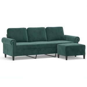 vidaXL Sof&aacute; de 3 plazas con taburete de terciopelo verde oscuro 180 cm