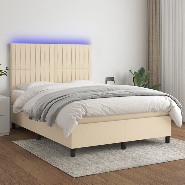 vidaXL Cama box spring colch&oacute;n y luces LED tela crema 140x190 cm