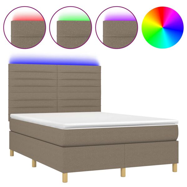 vidaXL Cama box spring colch&oacute;n y luces LED tela gris taupe 140x200 cm