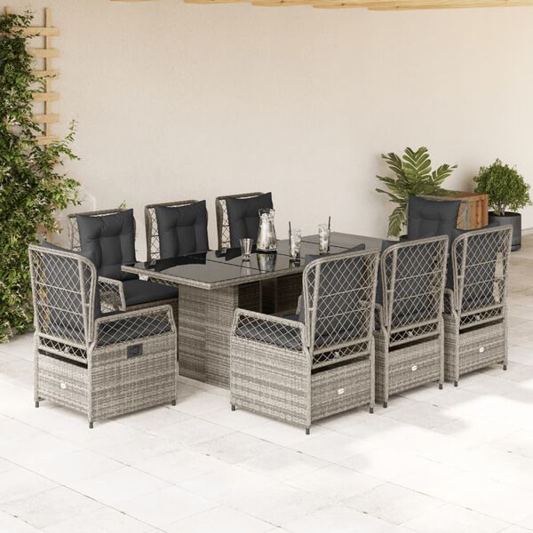 vidaXL Set comedor jard&iacute;n 9 pzas y cojines rat&aacute;n sint&eacute;tico gris