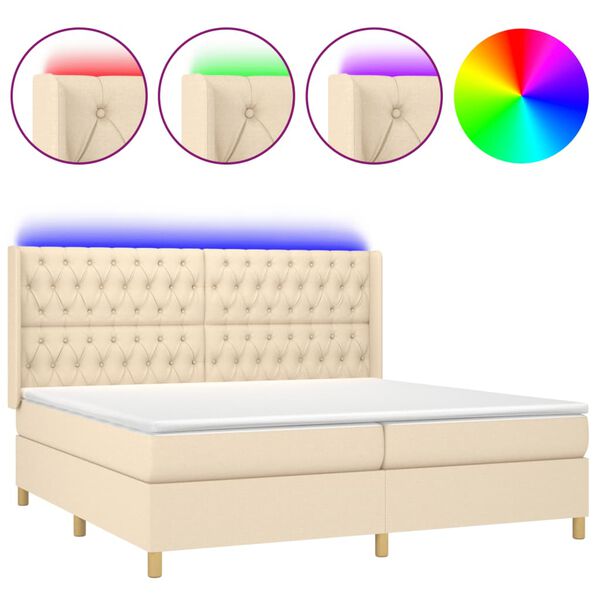 vidaXL Cama box spring colch&oacute;n y luces LED tela crema 200x200 cm