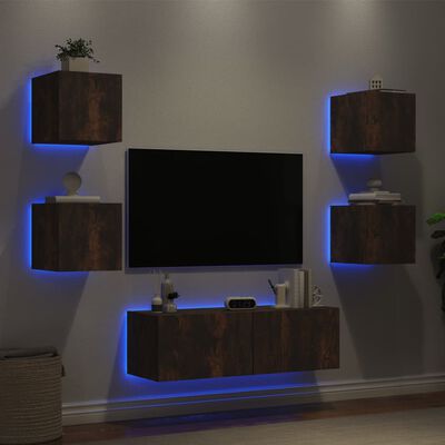 vidaXL Muebles de TV de pared con luces LED 5 piezas roble ahumado