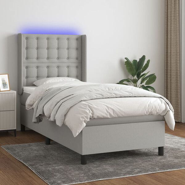 vidaXL Cama box spring colch&oacute;n y luces LED tela gris claro 90x200 cm
