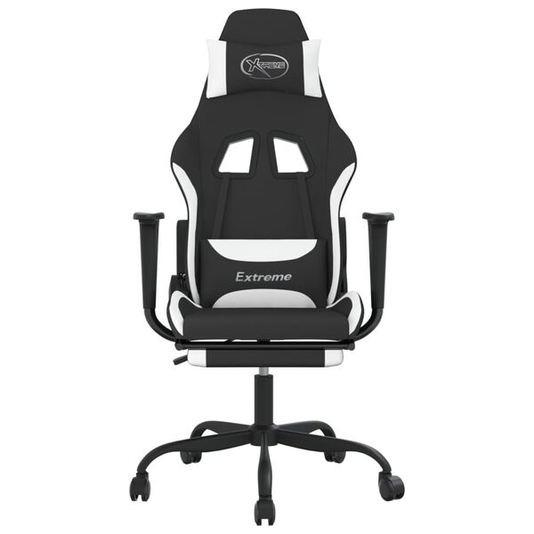 vidaXL Silla gaming de masaje con reposapi&eacute;s tela negro y blanco