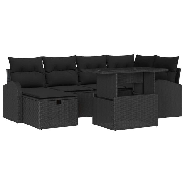 vidaXL Conjunto de sof&aacute; de jard&iacute;n con coj&iacute;n 7 pcs Negro Polirat&aacute;n