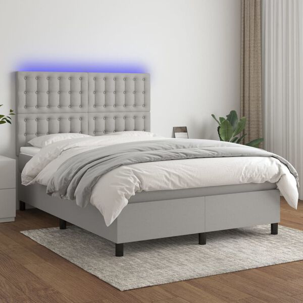 vidaXL Cama box spring colch&oacute;n y luces LED tela gris claro 140x200 cm