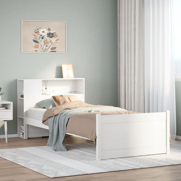 vidaXL Cama con estanter&iacute;a sin colch&oacute;n madera maciza blanca 100x200 cm