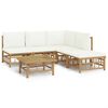 vidaXL Set de muebles de jard&iacute;n 6 piezas bamb&uacute; y cojines blanco crema