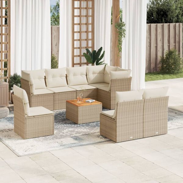 vidaXL Set de sof&aacute;s de jard&iacute;n 9 pzas con cojines rat&aacute;n sint&eacute;tico beige