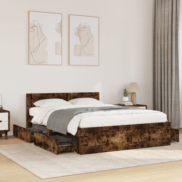 vidaXL Cama con cabecero madera de ingenier&iacute;a roble ahumado 140x190 cm