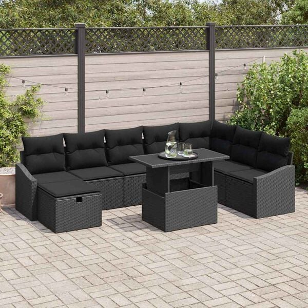 vidaXL Conjunto de sof&aacute; de jard&iacute;n 9 pcs Negro rat&aacute;n sint&eacute;tico
