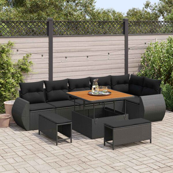 vidaXL Conjunto de sof&aacute;s de jard&iacute;n 9 pcs Negro rat&aacute;n sint&eacute;tico