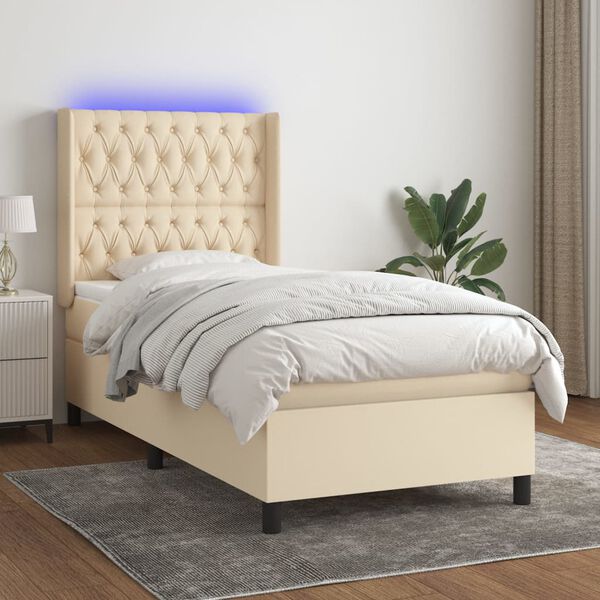 vidaXL Cama box spring colch&oacute;n y luces LED tela crema 80x200 cm