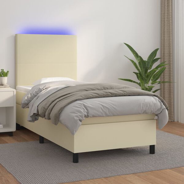 vidaXL Cama box spring y colch&oacute;n LED cuero sint&eacute;tico crema 90x190 cm