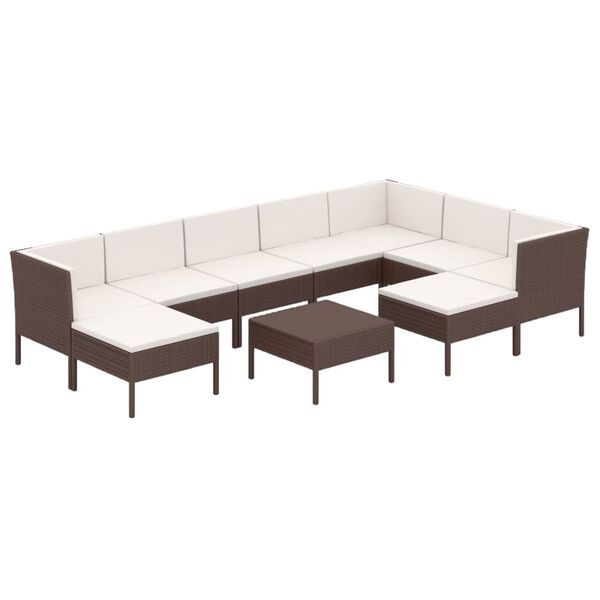 vidaXL Set muebles de jard&iacute;n 10 pzas y cojines rat&aacute;n sint&eacute;tico marr&oacute;n