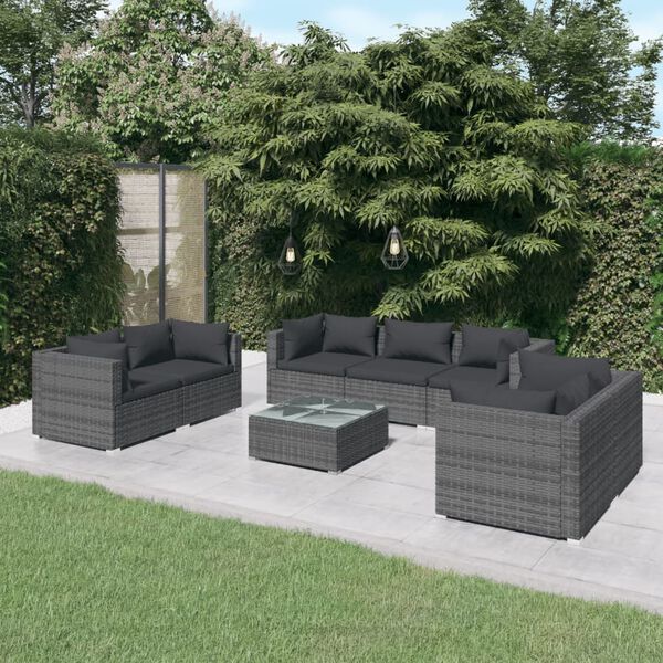 vidaXL Set de muebles de jard&iacute;n 8 pzas y cojines rat&aacute;n sint&eacute;tico gris