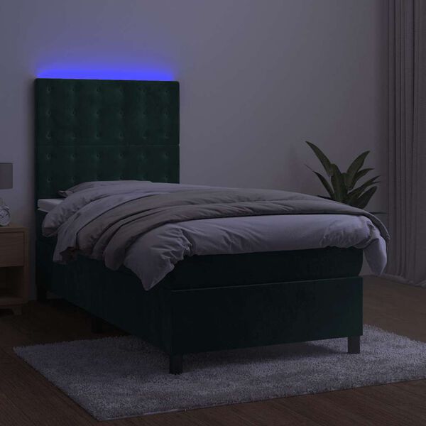 vidaXL Cama box spring colch&oacute;n y LED terciopelo verde oscuro 90x200 cm