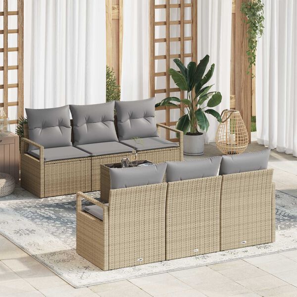 vidaXL Conjunto de sof&aacute; de jard&iacute;n 7 pcs Beige y gris rat&aacute;n sint&eacute;tico