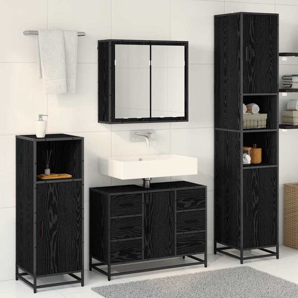 vidaXL Juego de muebles de ba&ntilde;o 3 pcs Roble Negro Madera de ingenier&iacute;a